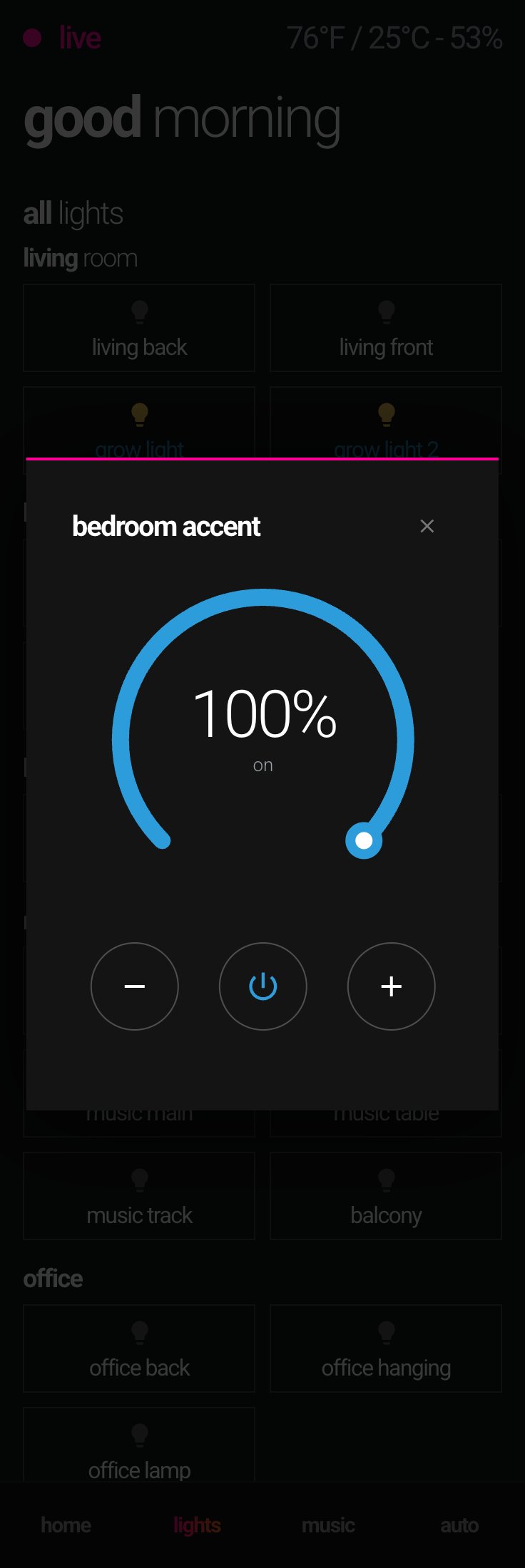 Phone — long-press dimmer popup