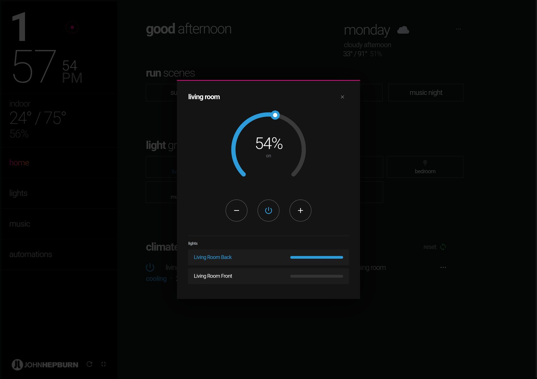 Long-press light group detail — dimmer dial and per-light control